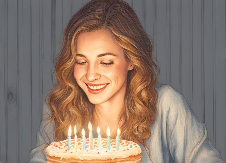 Una torta di compleanno, candeline e capelli lunghi che stanno per prendere fuoco