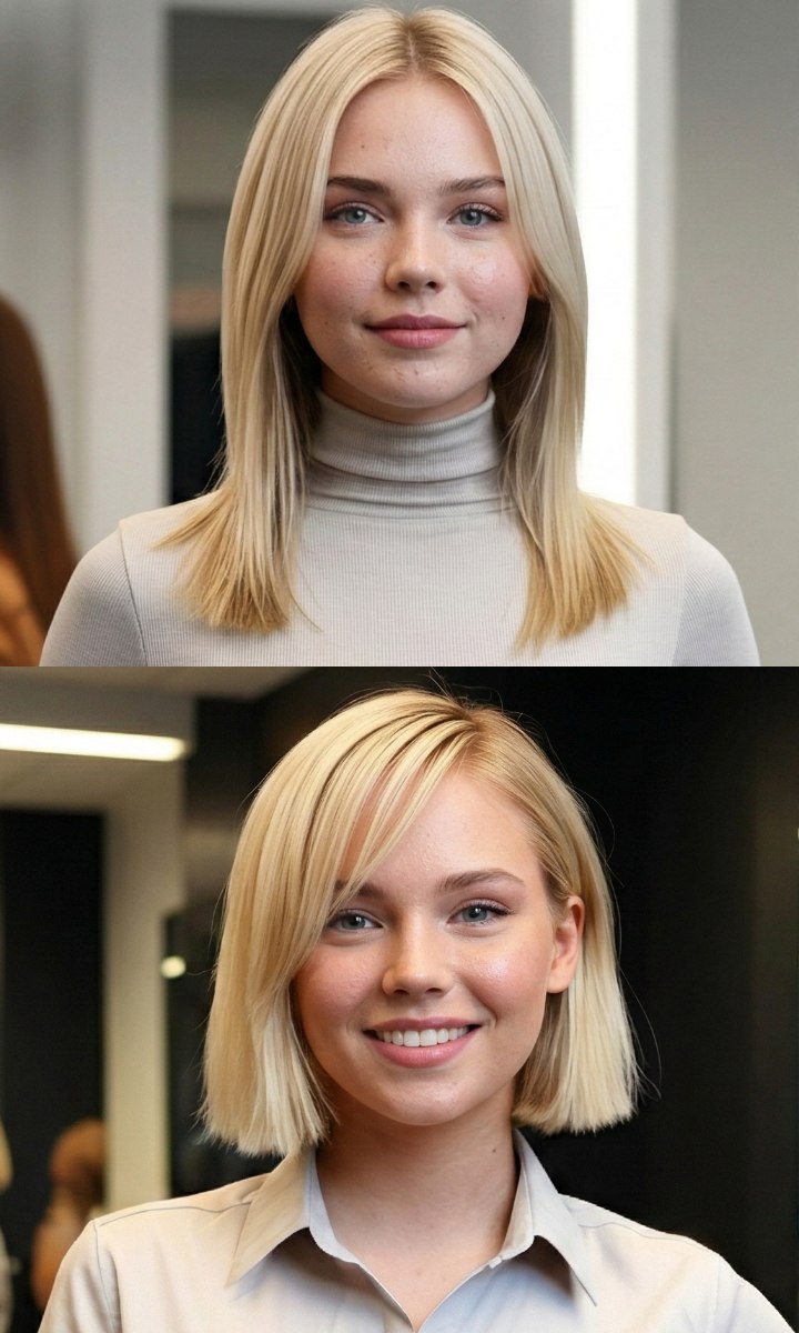 Il makeover di una donna: la trasformazione da un taglio lungo abbinato a un dolcevita, a un fresco caschetto valorizzato da un abito a camicia