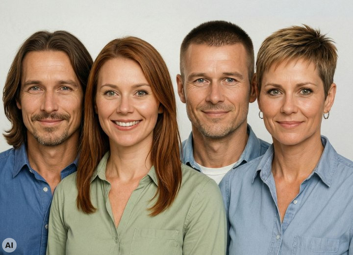 Gruppo di uomini e donne con capelli lunghi e corti